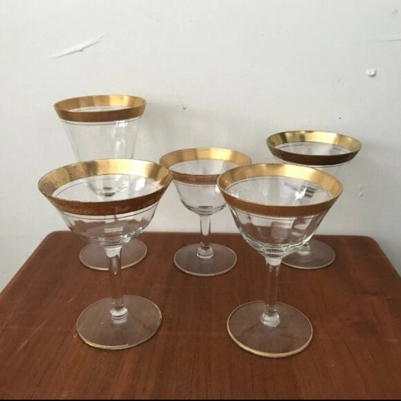 Vintage 5 Glastonbury Rose Lotus Fluted Gold Encrusted Sherbert Wine Glasses Set - Picture 2 of 10